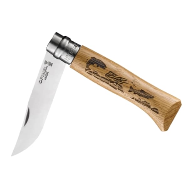 OPINEL NO8 ANIMALIA FISH OAK STEINLESS, Opinel fällkniv flugfiske