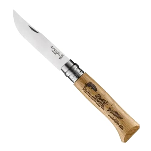 OPINEL NO8 ANIMALIA FISH OAK STEINLESS, Opinel fällkniv flugfiske