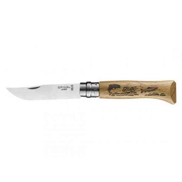 OPINEL NO8 ANIMALIA FISH OAK STEINLESS, Opinel fällkniv flugfiske
