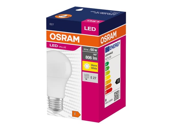 OSRAM LED VALUE - LED-glödlampa - form: A60 - E27 - 8.5 W (motsvarande 60 W) - klass F - varmt vitt ljus - 2700 K