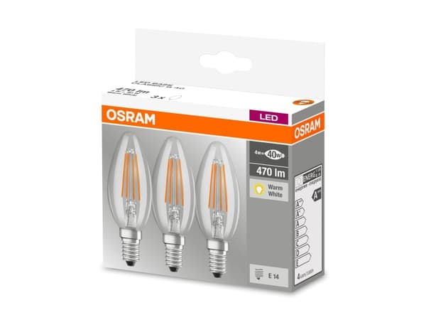 OSRAM - LED-filamentlyspære - form: B35 - klar finish - E14 - 4 W (ekvivalent 40 W) - klasse E - varmt hvitt lys - 2700 K (en pakke 3)