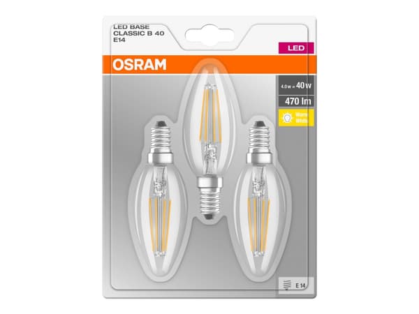 OSRAM - LED-filamentlyspære - form: B35 - klar finish - E14 - 4 W (ekvivalent 40 W) - klasse E - varmt hvitt lys - 2700 K (en pakke 3)
