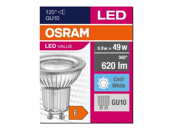 OSRAM LED VALUE - LED-spotlight - form: PAR16 - GU10 - 6.9 W (motsvarande 49 W) - klass F - svalt vitt ljus - 4000 K