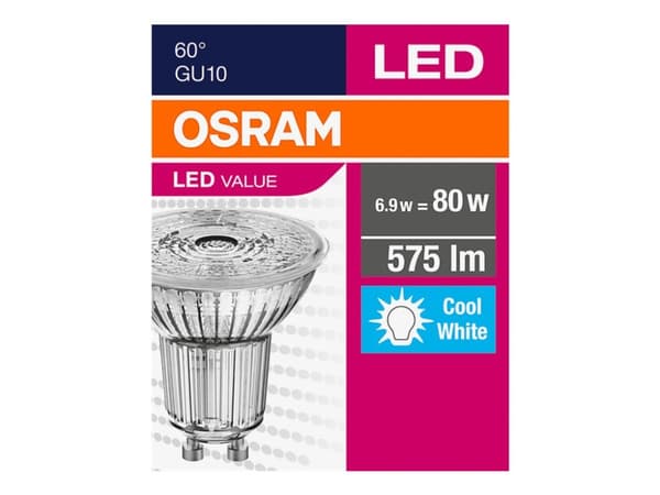 OSRAM LED VALUE - LED-spotlight - form: PAR16 - GU10 - 6.9 W (motsvarande 80 W) - klass F - svalt vitt ljus - 4000 K