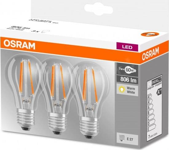 OSRAM BASE CLASSIC A - LED-glödlampa med filament - form: A60 - klar finish - E27 - 7 W (motsvarande 60 W) - klass E - varmt vitt ljus - 2700 K (pake