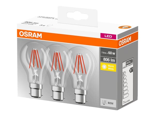 OSRAM BASE CLASSIC A - LED-glödlampa med filament - form: A60 - klar finish - E27 - 7 W (motsvarande 60 W) - klass E - varmt vitt ljus - 2700 K (pake