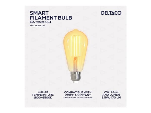 DELTACO SMART HOME - LED-filamentlyspære - form: ST64 - E27 - 5.5 W (ekvivalent 50 W) - klasse F - varm hvitfarge / kaldt hvitt lys - 1800-6500 K