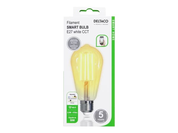 DELTACO SMART HOME - LED-filamentlyspære - form: ST64 - E27 - 5.5 W (ekvivalent 50 W) - klasse F - varm hvitfarge / kaldt hvitt lys - 1800-6500 K