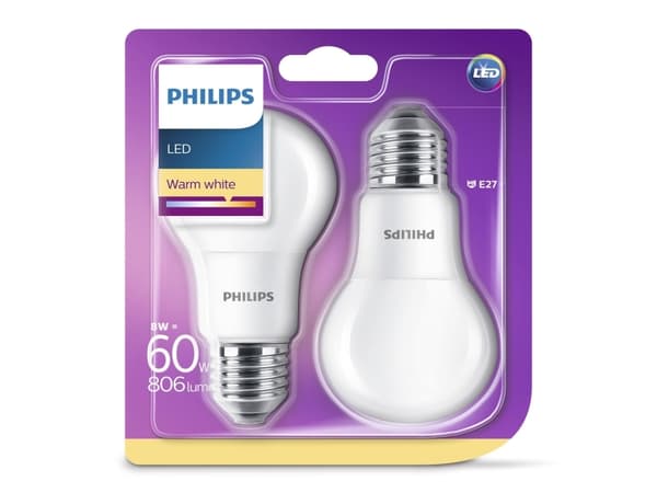 Philips LED-lampa 8W (60W) E27 2 st (929001234361)