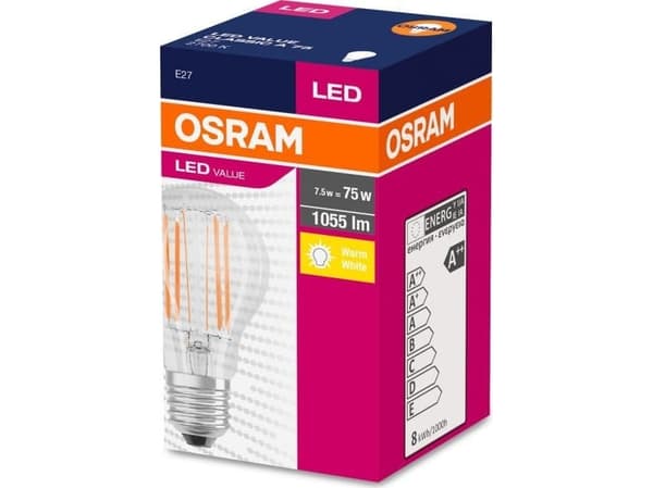 Ledvance OSRAM LED Filament VALUE ClasA 230V 8W 827 E27 noDIM A ++ Sklo ciré 1055lm 2700K 10000h (krabicka 1ks)