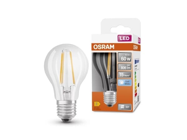 OSRAM LED STAR - LED-filamentlyspære - form: A60 - klar finish - E27 - 6.5 W (ekvivalent 60 W) - klasse E - kjølilg hvitt lys - 4000 K