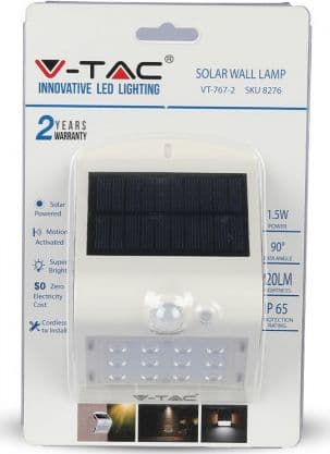 V-TAC Vegglampe Solar LED Vegglampe med bevegelsessensor VT-767 1,5W 220lm Hvit/Sort IP65 8276