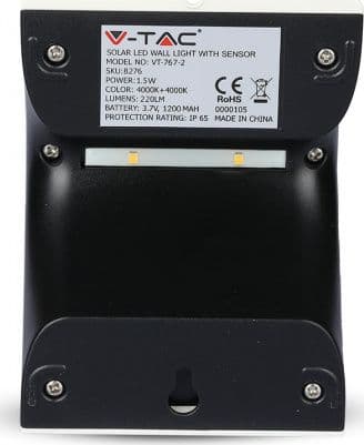 V-TAC Vegglampe Solar LED Vegglampe med bevegelsessensor VT-767 1,5W 220lm Hvit/Sort IP65 8276