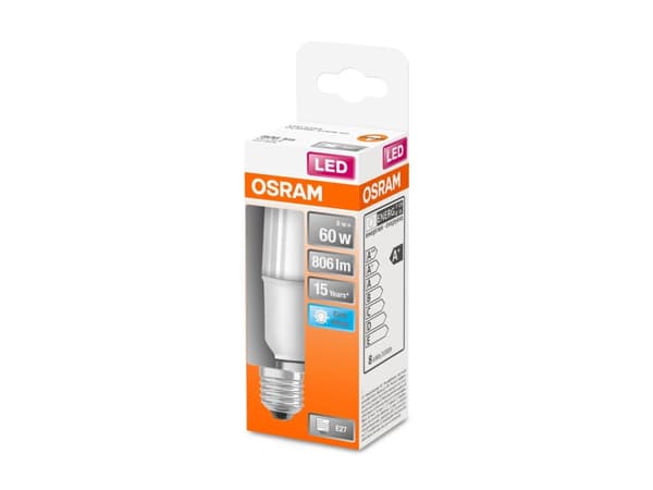 OSRAM LED STAR - LED-glödlampa - form: rak - glaserad finish - E27 - 8 W (motsvarande 60 W) - klass F - svalt vitt ljus - 4000 K