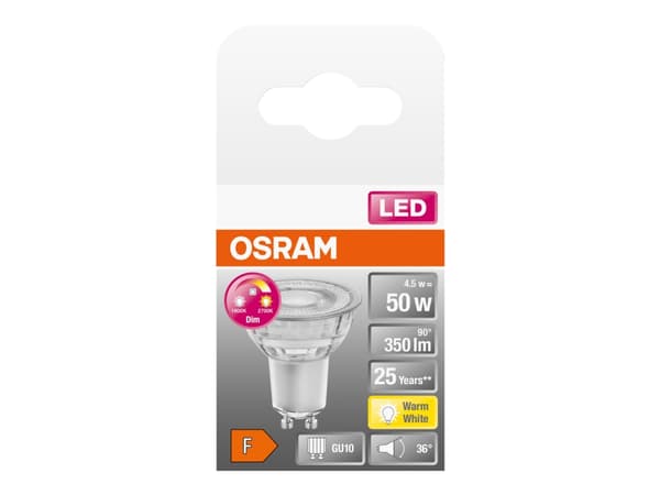 OSRAM LED STAR+ GLOWdim - LED-pære for søkelys - form: PAR16 - GU10 - 4.5 W (ekvivalent 50 W) - klasse F - varmt hvitt lys - 1800-2700 K