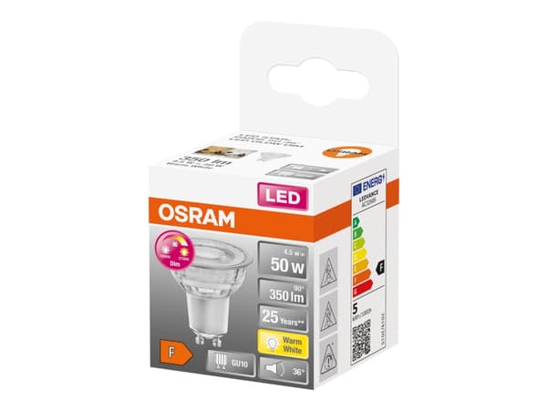 OSRAM LED STAR+ GLOWdim - LED-pære for søkelys - form: PAR16 - GU10 - 4.5 W (ekvivalent 50 W) - klasse F - varmt hvitt lys - 1800-2700 K