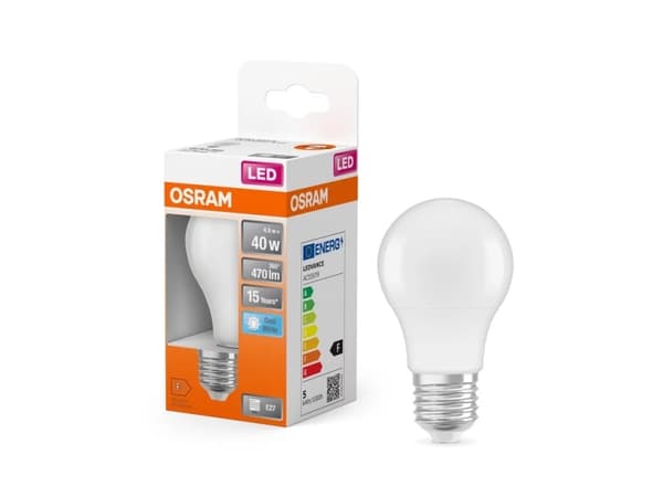 OSRAM LED STAR - LED-glödlampa - form: A40 - glaserad finish - E27 - 4.9 W - klass F - svalt vitt ljus - 4000 K