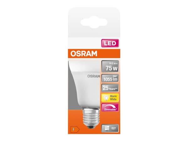 OSRAM LED SUPERSTAR - LED-glödlampa - form: A60 - glaserad finish - E27 - 10.5 W (motsvarande 75 W) - klass F - varmt vitt ljus - 2700 K