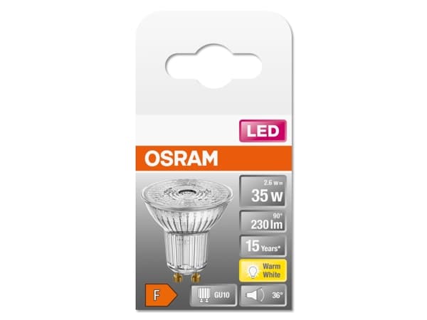 OSRAM STAR - LED-spotlight - form: PAR16 - GU10 - 2.6 W (motsvarande 35 W) - klass F - varmt vitt ljus - 2700 K