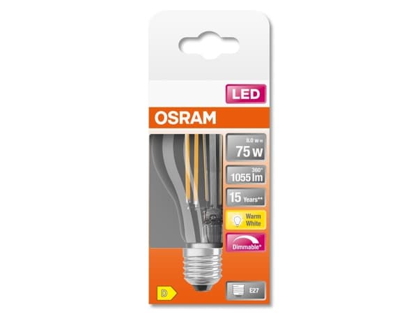 OSRAM LED SUPERSTAR - LED-filamentlyspære - form: A60 - klar finish - E27 - 7.5 W (ekvivalent 75 W) - klasse D - varmt hvitt lys - 2700 K