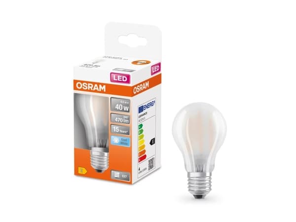 OSRAM 4058075303409 LED (RGB) lamppu Energialuokka E (A - G) E27 Lampun muoto 4 W = 40 W Kylmänvalkoinen (Ø x L) 60 mm x 105 mm 1 kpl
