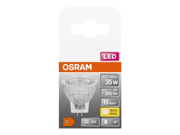 OSRAM LED STAR - LED-spotlight - form: MR11 - GU4 - 4.2 W (motsvarande 35 W) - klass F - varmt vitt ljus - 2700 K
