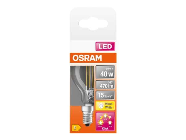 OSRAM LED THREE STEP CLASSIC P - LED-glödlampa - form: P40 - klar finish - E14 - 4 W (motsvarande 40 W) - klass E - varmt vitt ljus - 2700 K