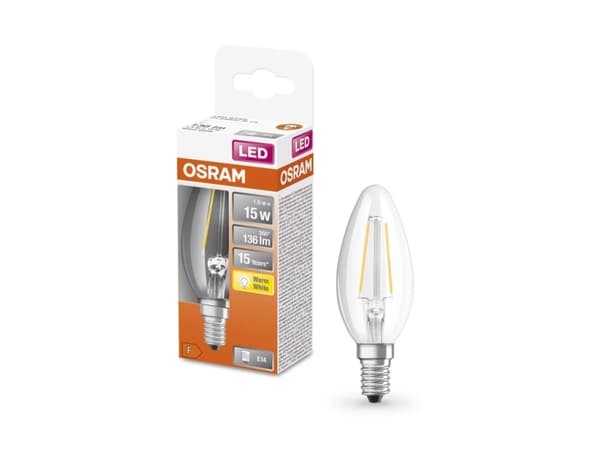 OSRAM LED STAR - LED-glödlampa med filament - form: B35 - klar finish - E14 - 1.5 W (motsvarande 15 W) - klass F - varmt vitt ljus - 2700 K