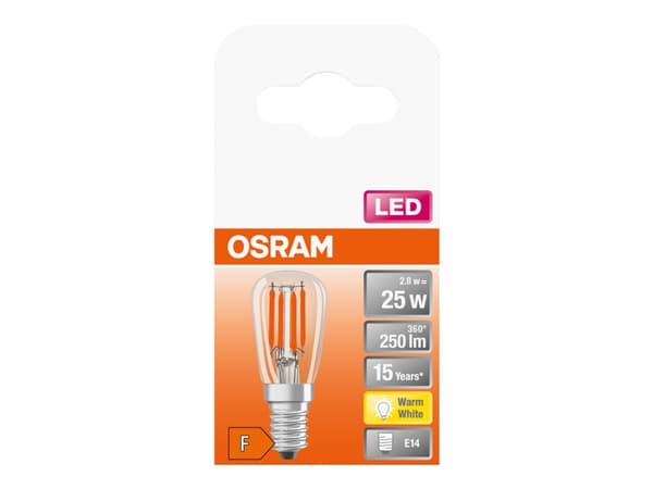 OSRAM SPECIAL - LED-glödlampa med filament - form: T26 - klar finish - E14 - 2.8 W (motsvarande 25 W) - klass F - varmt vitt ljus - 2700 K