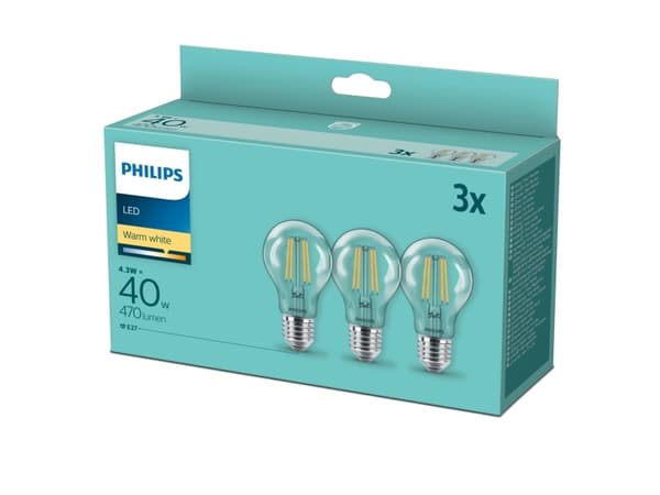 Philips - LED-glödlampa med filament - form: A60 - klar finish - E27 - 4.3 W (motsvarande 40 W) - klass F - varmt vitt ljus - 2700 K (paket om 3)