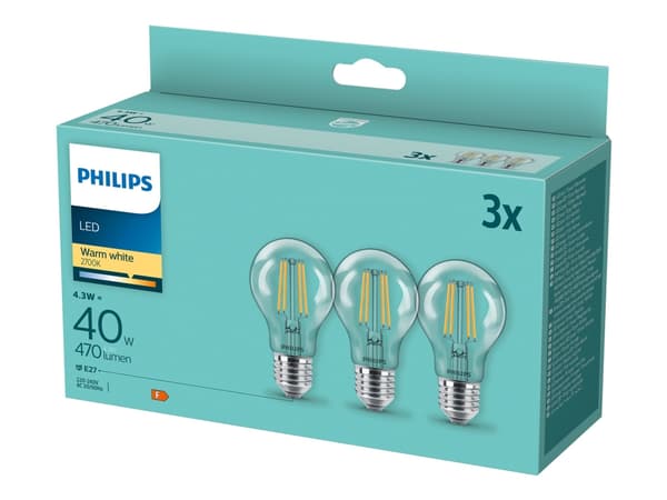 Philips - LED-glödlampa med filament - form: A60 - klar finish - E27 - 4.3 W (motsvarande 40 W) - klass F - varmt vitt ljus - 2700 K (paket om 3)