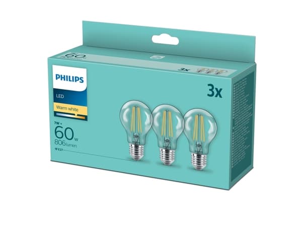 Philips - LED-filamentlyspære - form: A60 - klar finish - E27 - 7 W (ekvivalent 60 W) - klasse E - varmt hvitt lys - 2700 K (en pakke 3)
