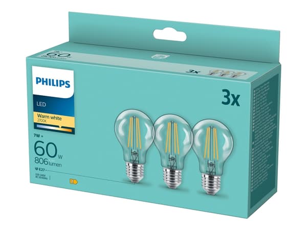 Philips - LED-filamentlyspære - form: A60 - klar finish - E27 - 7 W (ekvivalent 60 W) - klasse E - varmt hvitt lys - 2700 K (en pakke 3)