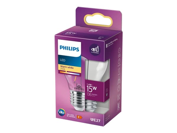 Philips - LED-filamentlyspære - form: P45 - klar finish - E27 - 1.4 W (ekvivalent 15 W) - klasse F - varmt hvitt lys - 2700 K