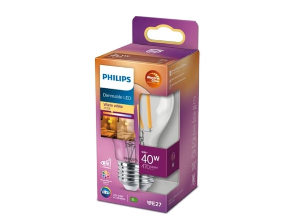 Philips - LED-glödlampa med filament - form: A60 - klar finish - E27 - 3.4 W (motsvarande 40 W) - klass D - varmt vitt ljus - 2700 K
