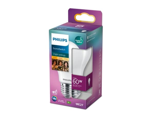 Philips LED Classic - LED-glödlampa - form: A60 - glaserad finish - E27 - 7.5 W (motsvarande 60 W) - klass F - varmvitt/flammljus - 2200/2500/2700 K