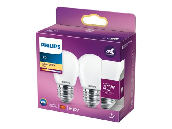 Philips LED Classic - LED-glödlampa - form: P45 - E27 - 4.3 W (motsvarande 40 W) - klass F - varmt vitt ljus - 2700 K