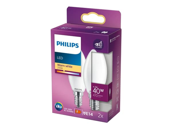 Philips - LED-glödlampa - form: B35 - glaserad finish - E14 - 4.3 W (motsvarande 40 W) - klass F - varmt vitt ljus - 2700 K (paket om 2)