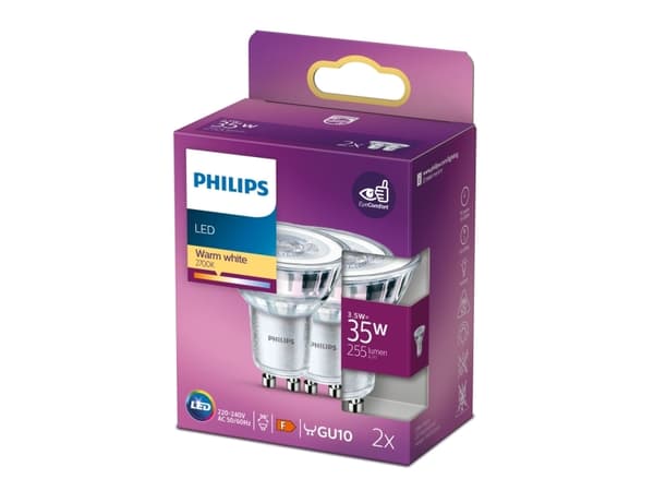 Philips Spot - LED-spotlight - GU10 - 3.5 W (motsvarande 35 W) - klass F - varmt vitt ljus - 2700 K (paket om 2)