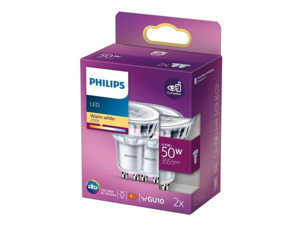 Philips - LED-spotlight - GU10 - 4.6 W (motsvarande 50 W) - klass F - varmt vitt ljus - 2700 K (paket om 2)