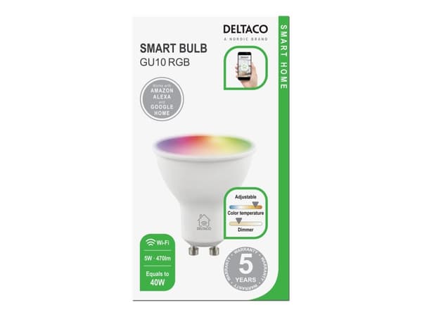 DELTACO SMART HOME - LED-glödlampa - glaserad finish - GU10 - 5 W (motsvarande 40 W) - klass F - RGB/varmt till kallt vitt ljus - 2700-6500 K