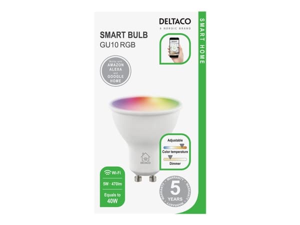 DELTACO SMART HOME - LED-glödlampa - glaserad finish - GU10 - 5 W (motsvarande 40 W) - klass F - RGB/varmt till kallt vitt ljus - 2700-6500 K