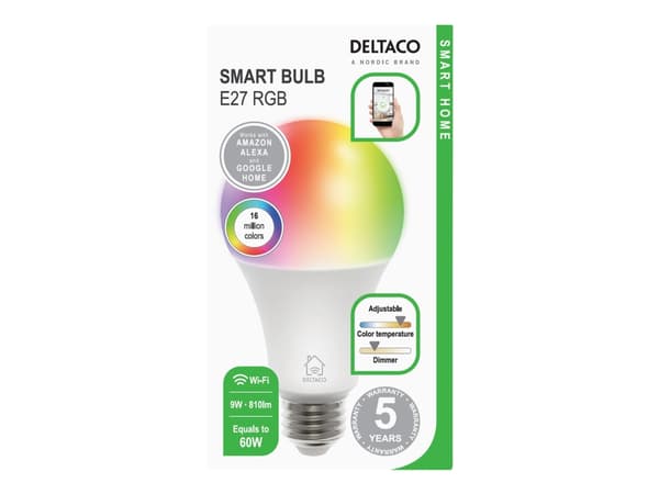 DELTACO - LED-glödlampa - E27 - 9 W (motsvarande 60 W) - klass F - 16 miljoner färger - 2700-6500 K - vit