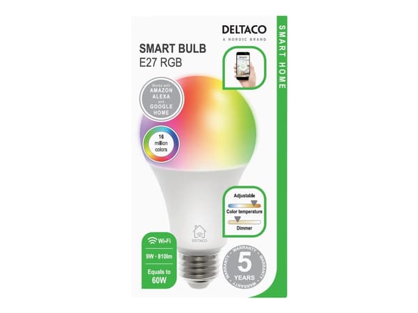 DELTACO - LED-glödlampa - E27 - 9 W (motsvarande 60 W) - klass F - 16 miljoner färger - 2700-6500 K - vit