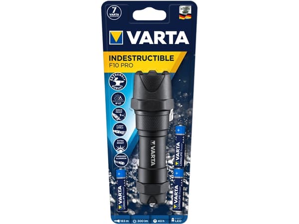 Varta INDESTRUCTIBLE F10 PRO, Käsikokoinen taskulamppu, Musta, Alumiini, 9 m, IP67, LED