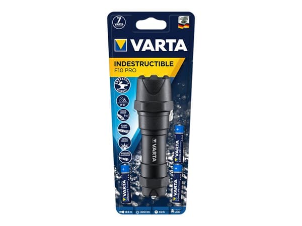 Varta INDESTRUCTIBLE F10 PRO, Käsikokoinen taskulamppu, Musta, Alumiini, 9 m, IP67, LED musta