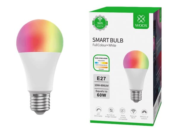 WOOX R9074, Älylamppu, Valkoinen, Wi-Fi, LED, E27, Vaihtuva