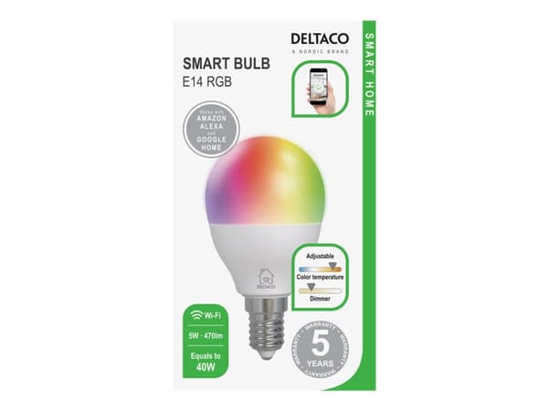 DELTACO SMART HOME - LED-glödlampa - E14 - 5 W (motsvarande 40 W) - klass F - RGB/varmt till kallt vitt ljus - 2700-6500 K