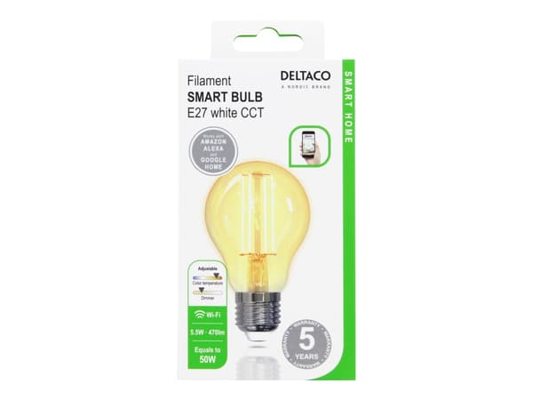 Deltaco SH-LFE27A60, Älylamppu, Valkoinen, Wi-Fi, LED, E26, Valkoinen, Keltainen