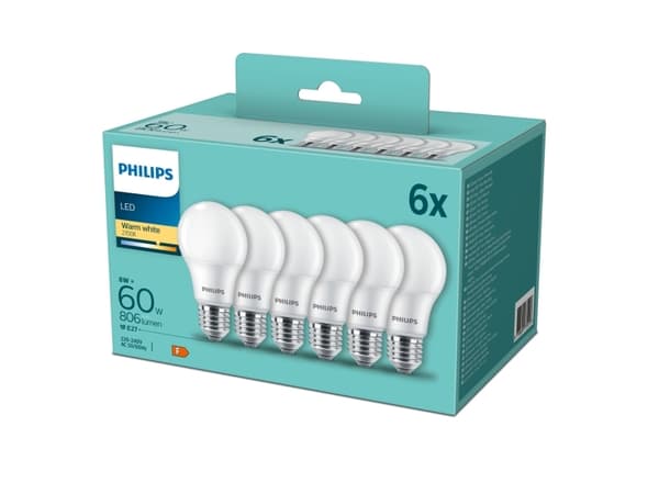 Philips - LED-lyspære - form: A60 - mattslipt finish - E27 - 8 W (ekvivalent 60 W) - klasse F - varmt hvitt lys - 2700 K - matt (en pakke 6)